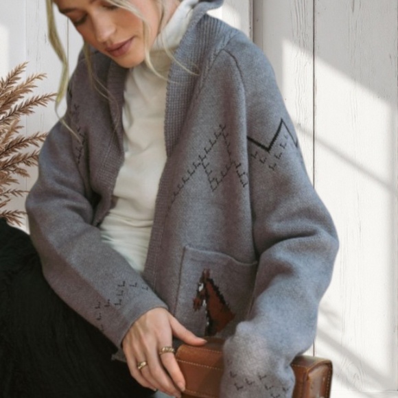 Gray Horse Western Knit Shawl Collar Relaxed Fit Cardigan Sweater Fall Winter - Picture 3 of 3